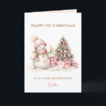 Carte Rose Vintage Snowman Girl First Christmas Folle<br><div class="desc">Carte pliée de Noël avec un bonhomme de neige vintage adorable en rose pour bébé et petites filles. Rose neigeux à l'intérieur. Personnalisez facilement le texte - Kate Eden Art.</div>