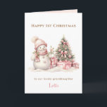 Carte Rose Vintage Snowman Girl First Christmas Folle<br><div class="desc">Carte pliée de Noël avec un bonhomme de neige vintage adorable en rose pour bébé et petites filles. Rose neigeux à l'intérieur. Personnalisez facilement le texte - Kate Eden Art.</div>
