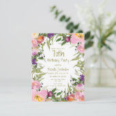 Carte Rose violet Feuilles verts floraux 70e anniversair (Debout devant)