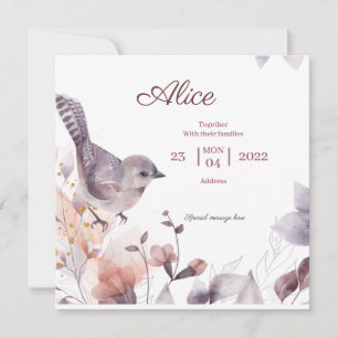Carte Rose Violet floral avec baby shower d'oiseaux Invi