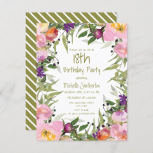 Carte Rose violet Floral Vert Feuilles 18e anniversaire