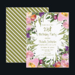 Carte Rose violet Floral Vert Feuilles 21e anniversaire<br><div class="desc">Feuilles rose et violet d'aquarelle floral et sauge et vert olive sur blanc invitation de fête du 21ème anniversaire pour les femmes. Le dos de cette carte est rayé vert olive et blanc. Contactez-nous pour obtenir de l'aide sur la personnalisation ou pour demander des produits correspondants.</div>