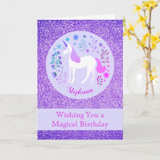 Carte Rose violet Unicorn Parties scintillant Joyeux ann (Fleur jaune)