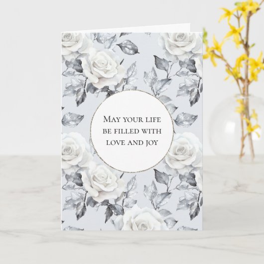 Carte Roses blanches argentées romantiques Mariage flora (Fleur jaune)