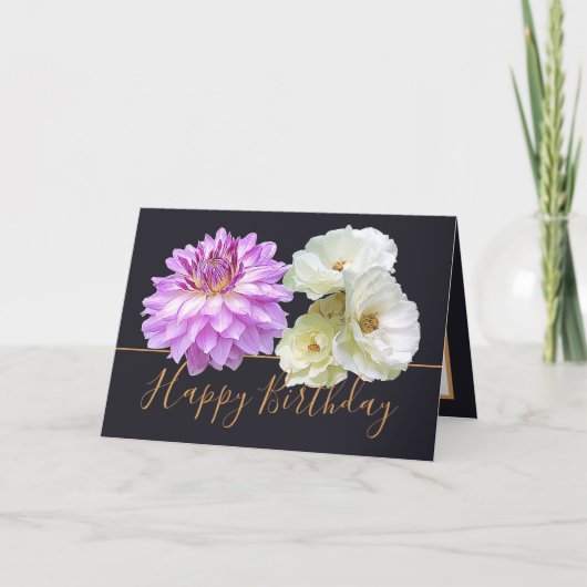 Carte Roses blanches et bouquet floral rose Dahlia Anniv (Devant)