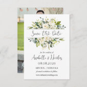 Carte Roses blanches Mariage vert Enregistrer la date (Devant / Derrière)