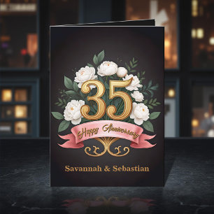 Carte Roses blanches Ruban rose 35e anniversaire du Mari