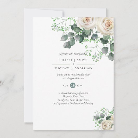 Carte Roses blanches Sage Eucalyptus Citron MARIAGE jaun (Devant)