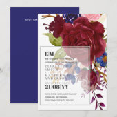 Carte Roses bleu Bourgogne moderne Mariage de superposit (Devant / Derrière)