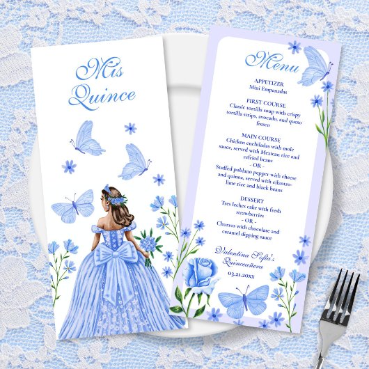 Carte Roses bleus, fleurs et papillons Quinceañera