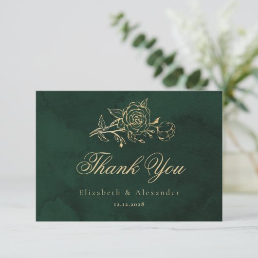 Carte Roses botaniques Vert Or Mariage royal Merci (Debout devant)