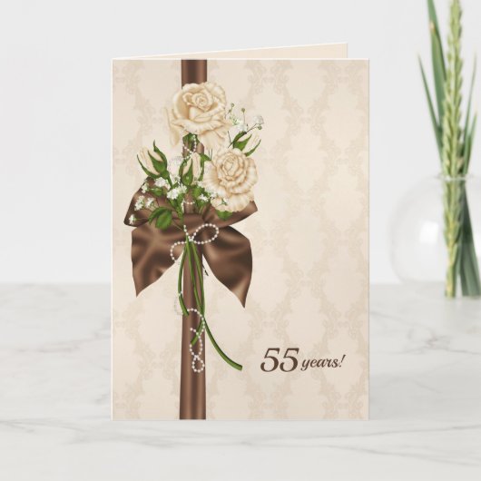 Carte roses du 55e anniversaire sur damask (Devant)