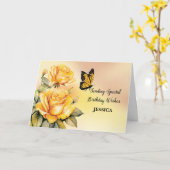 Carte Roses jaunes d'anniversaire avec papillon monarque (Fleur jaune)