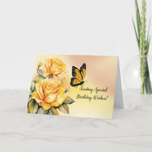 Carte Roses jaunes d'anniversaire avec papillon monarque