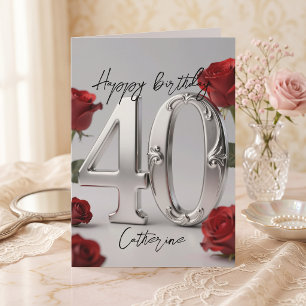 Carte Roses rouges argent métallisé pour les 40 ans