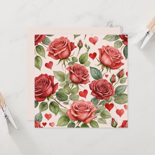 Carte Roses rouges avec Coeurs de Saint Valentin Motif r (Devant/Arrière en situation)