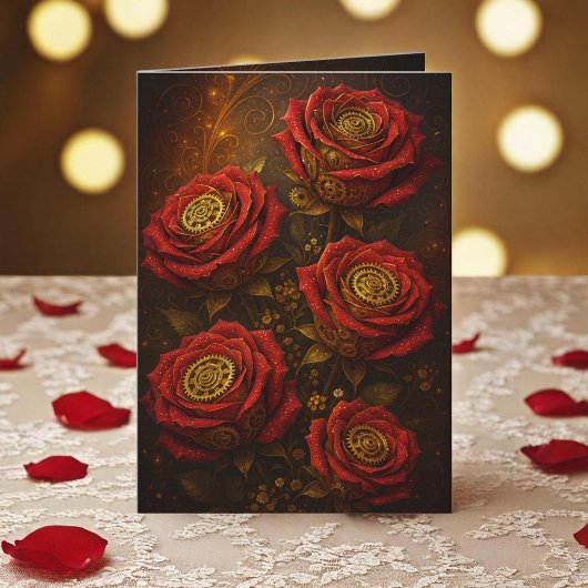 Carte Roses Steampunk Luxueuses Rouages Dorés Romantique