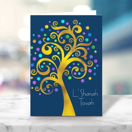 Carte Rosh Hashanah Blue Gold Foil Arbre de vie sur la m