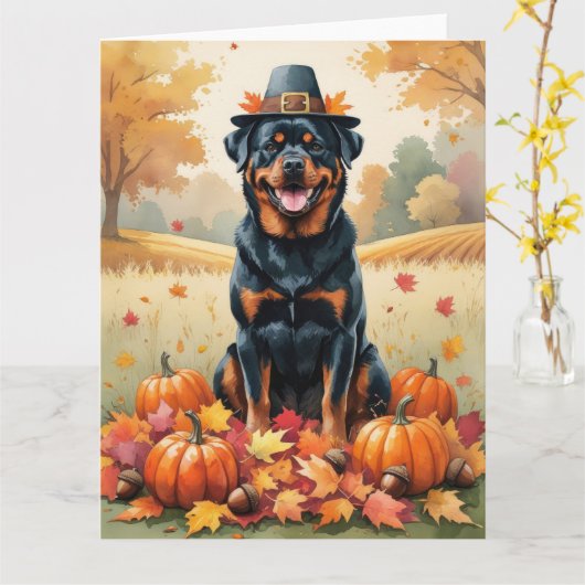 Carte Rottweiler À L'Automne Quitte L'Art Thanksgiving (Fleur jaune)