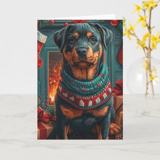 Carte Rottweiler avec des cadeaux de Noël devant une che (Fleur jaune)