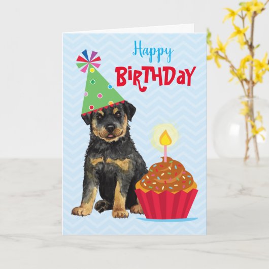 Carte Rottweiler Cupcake Anniversaire (Fleur jaune)