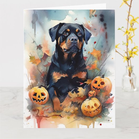 Carte Rottweiler d'Halloween avec citrouilles effrayant (Fleur jaune)