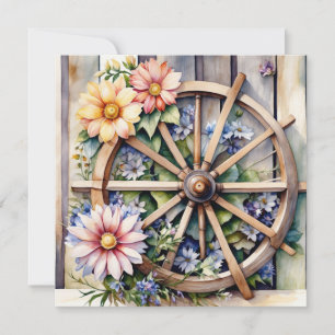 Carte Roue en bois rustique avec des fleurs