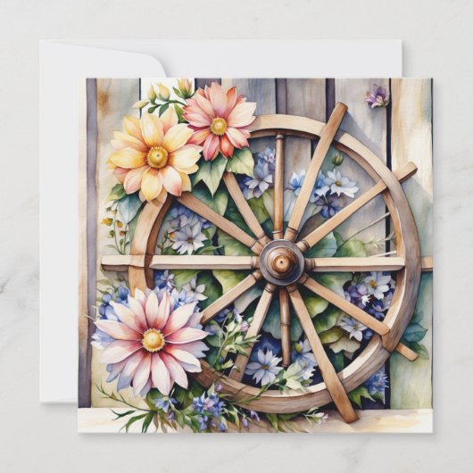 Carte Roue en bois rustique avec des fleurs  (Devant)