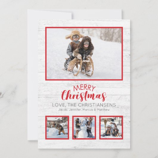 Carte Rouge Blanc Rustique Bois photo Noël (Devant)