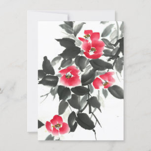 Carte Rouge camellia suie encre et aquarelle peinture