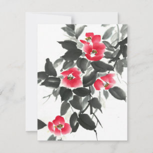 Carte Rouge camellia suie encre et aquarelle peinture