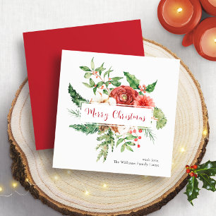 Carte Rouge de Fêtes Aquarelle Botanique Joyeux Noël