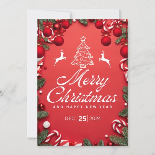 Carte rouge de Noël avec arbre + fête des rennes (Devant)