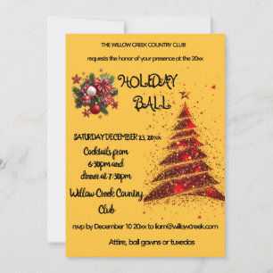 Carte Rouge et or.Invitation à boules de Noël