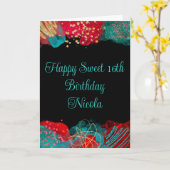 Carte Rouge et Turquoise Bleu Encre d'alcool doux 16 (Fleur jaune)