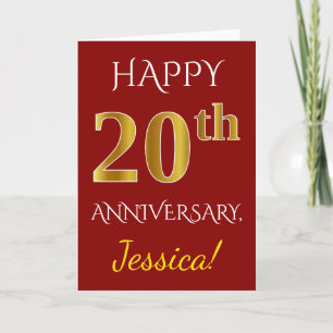 Carte Rouge, Faux Gold 20e anniversaire Mariage + Nom