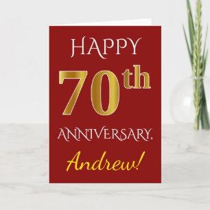 Carte Rouge, Faux Gold 70e Mariage Anniversaire + Nom