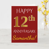 Carte Rouge, Faux Or 12e Anniversaire de Mariage + Nom (Fleur jaune)