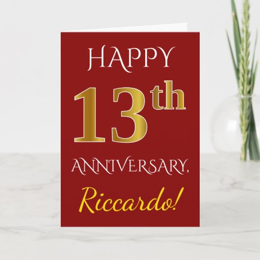 Carte Rouge, Faux Or 13e Anniversaire de Mariage + Nom (Devant)