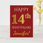 Carte Rouge, Faux Or 14e Anniversaire de Mariage + Nom (Fleur jaune)