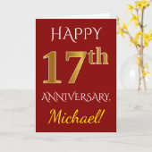 Carte Rouge, Faux Or 17e Anniversaire de Mariage + Nom (Fleur jaune)