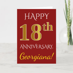 Carte Rouge, Faux Or 18e Anniversaire De Mariage + Nom