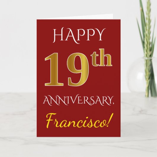 Carte Rouge, Faux Or 19e Anniversaire de Mariage + Nom (Devant)
