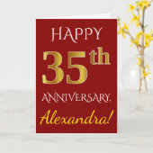 Carte Rouge, Faux Or 35e Anniversaire de Mariage + Nom (Fleur jaune)