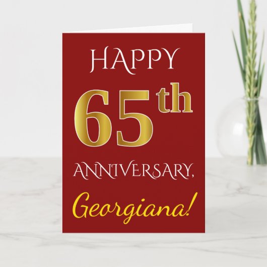 Carte Rouge, Faux Or 65e Anniversaire de Mariage + Nom (Devant)
