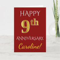 Rouge, Faux Or 9e Anniversaire De Mariage + Nom