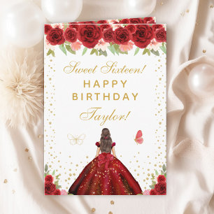 Carte Rouge Floral Brunette Cheveux fille Sweet sixteen