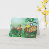 Carte Rouge-gorge et mésange charbonnière nichant    (Fleur jaune)