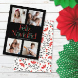 Carte rouge noire Feliz Navidad<br><div class="desc">Ces élégantes cartes minimalistes 5" x 7" photo nouvelle année comprennent l'accueil, "Feliz Navidad" en lettres rouges, vertes et blanches sur un arrière - plan noir avec des espaces réservés pour vous pour ajouter votre(s) nom(s), année, et quatre de vos photos préférées. Le dos a un design floral fantaisiste en...</div>