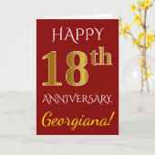 Carte Rouge, Or Faux 18e Anniversaire de Mariage + Nom (Fleur jaune)